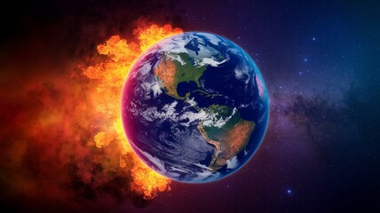 Fototapeta premium Earth in space surrounded by fire and stars.