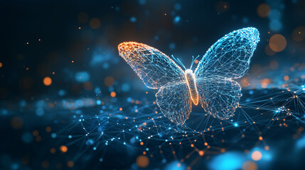 A glowing butterfly icon surrounded by ecological data, representing online environmental platforms, digital biodiversity tools, and nature conservation initiatives. 