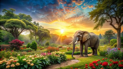 Majestic Elephant Grazing in a Lush Park with Ample Copy Space for Text Overlay, Ideal for Nature and Wildlife Themes