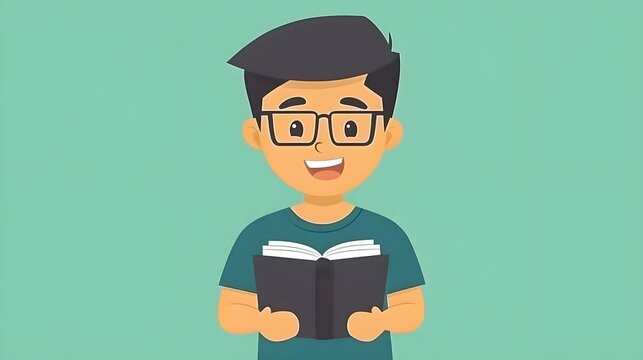 Young reader engaged with book illustrated background digital art joyful environment positive viewpoint