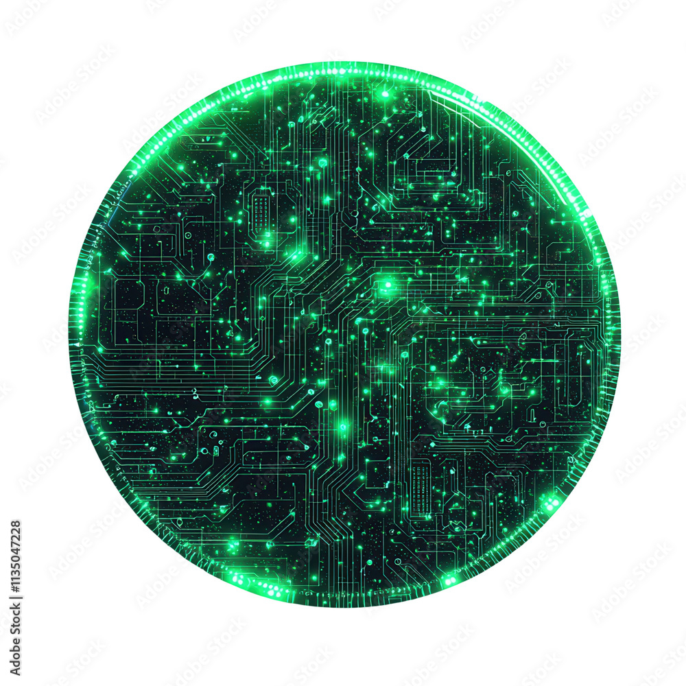 Poster a glowing green circular design featuring intricate circuitry and luminous dots, resembling a digita