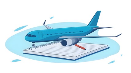 Obraz premium Airplane model on notebook with red pen travel planning concept digital workspace creative viewpoint