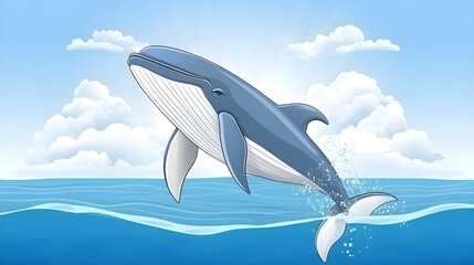 Whale leaps gracefully in ocean under clear skies digital illustration nature scene vibrant colors