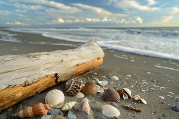 Seashells of various shapes and colors are scattered across the sandy beach, accompanied by a piece of driftwood as ocean waves gently lap the shore at sunset.