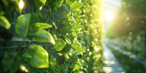 Green Foliage on Metal Grid Wall with Sunlit Background