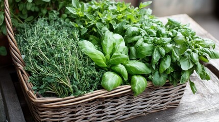 Naklejka premium Freshly picked herbs and vegetables in market basket