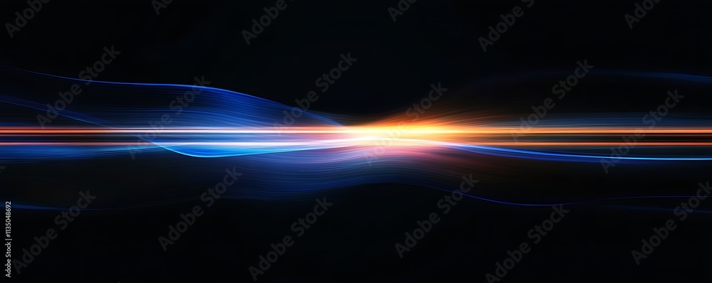Poster blue, red and yellow light streaks on a black background with glowing horizontal lines in a high spe