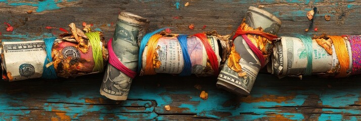 Colorful Tied Money Rolls on Rustic Wood