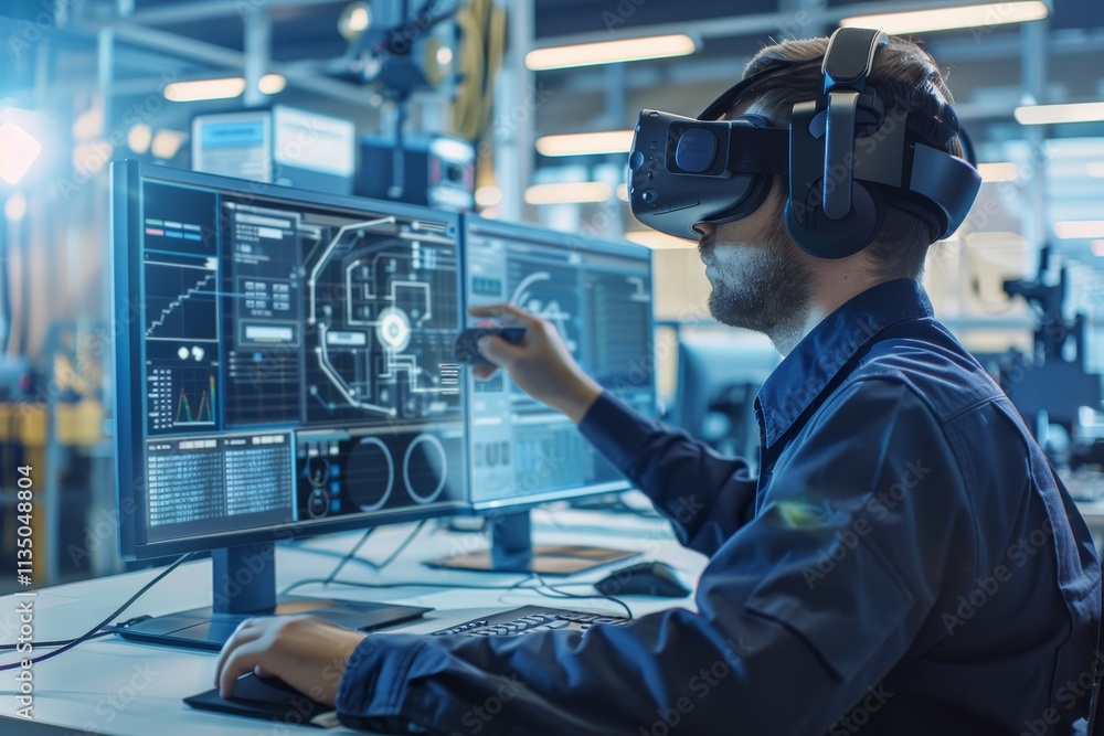Poster a technician wearing a virtual reality headset observes and manipulates data visualizations on multi