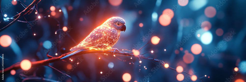 Poster a glowing carbon capture icon featuring a glowing parakeet, representing online environmental scienc