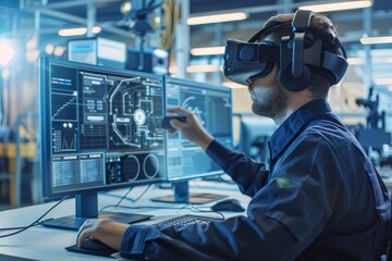 A technician wearing a virtual reality headset observes and manipulates data visualizations on multiple screens within a contemporary work environment.