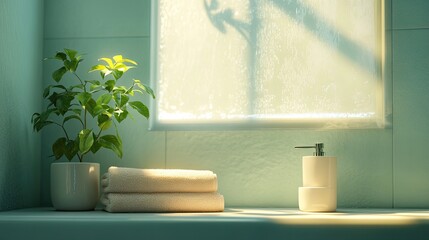 Minimalist cozy spa bathroom with folded white towels, indoor plant, soap dispenser, and natural morning light through sheer curtain