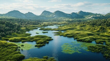 Freshwater lake with healthy, diverse ecosystem