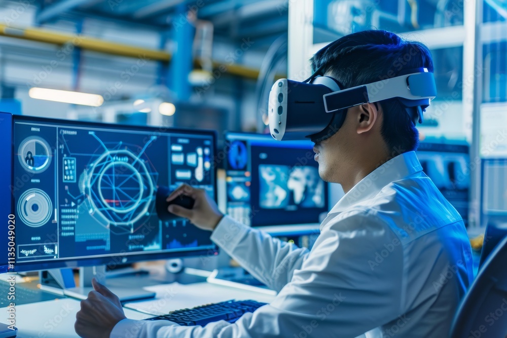 Poster the individual is immersed in virtual reality, using a vr headset and interacting with digital inter