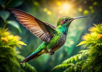 Obraz premium Majestic Hummingbird in Flight Captured by Drone Photography Amidst Lush Nature with Cinematic Lighting and Vibrant Colors in the Background Perfect for Wildlife Enthusiasts