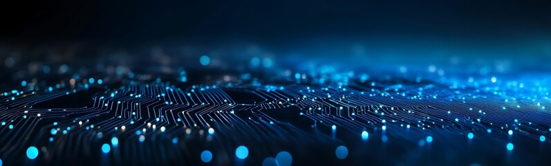 Abstract digital network circuit board background banner with glowing light and connecting data dots in blue and black colors. Big data technology concept, Generative Ai