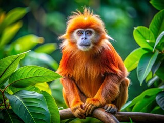 Fototapeta premium Majestic Javanese Langur Monkey Sitting Gracefully on a Branch Surrounded by Lush Greenery in Its Natural Habitat, Capturing the Essence of Tropical Wildlife