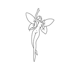 Vector isolated one single fairy girl with wings colorless black and white contour line easy drawing