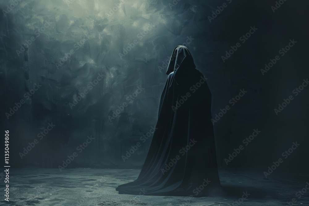 Poster a mysterious cloaked figure stands alone in a shadowy space, shrouded in mist and illuminated by sof