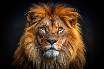 Fototapeta premium Majestic Lion Portrait in Darkness: Captivating Macro Photography Highlighting Regal Strength and Intense Expression of the King of the Jungle