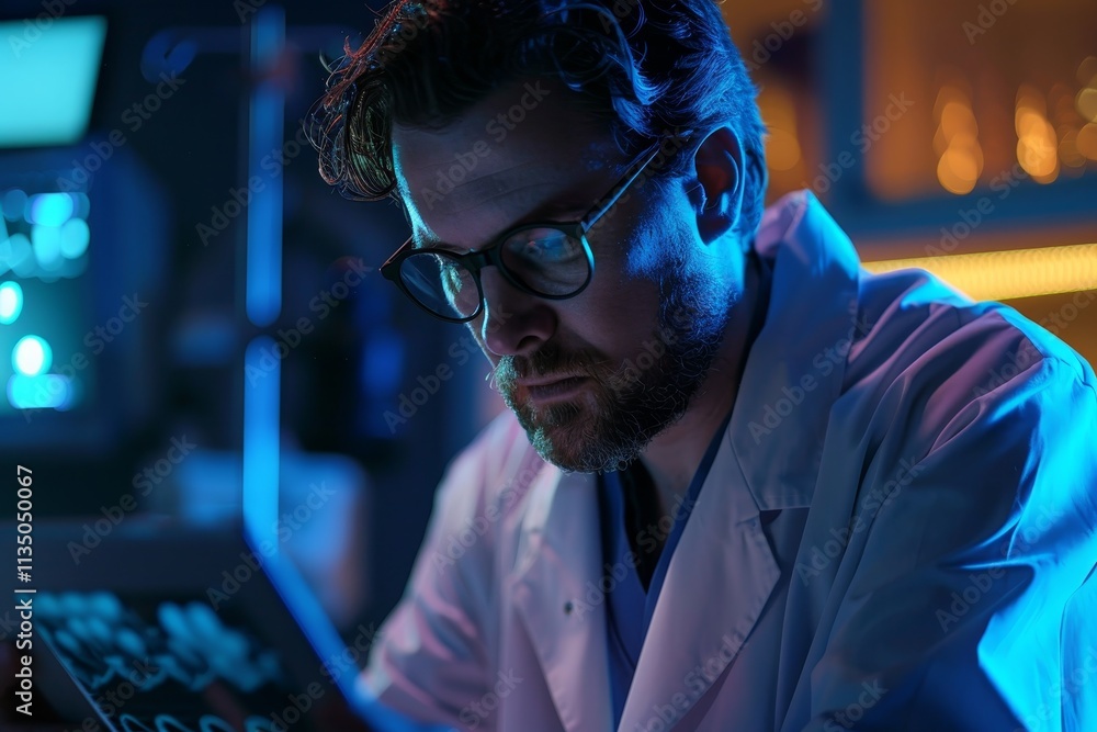 Poster a scientist is deeply engaged in analyzing data with a focused expression while surrounded by labora