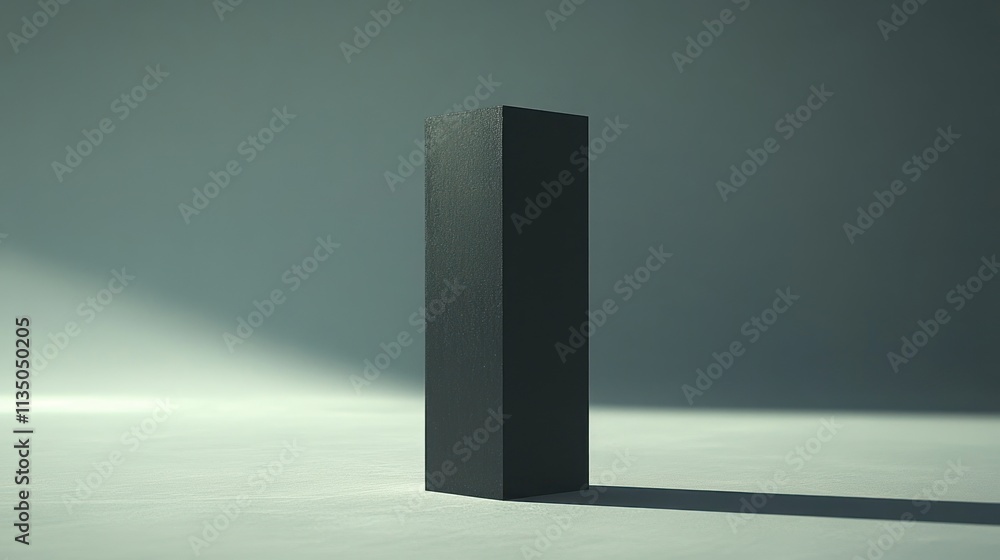 Poster tall dark rectangular block stands alone on pale surface