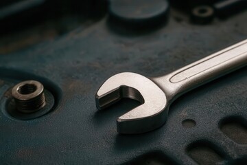 mechanics repair concept. A high-performance ratcheting wrench in use during a detailed engine repair, mechanics repair tools durability, essential durable tool