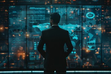 A business professional in formal attire stands with his back to the viewer, focused on analyzing data trends displayed on interactive screens in a modern workspace.