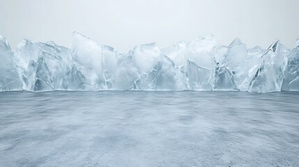 Abstract icy landscape;  jagged ice chunks on a grey floor against a white background.