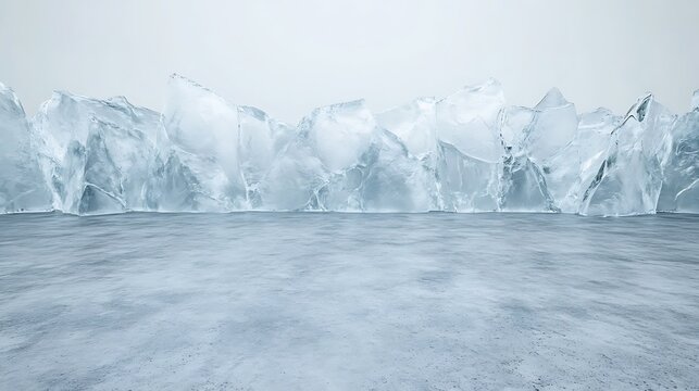 Abstract icy landscape;  jagged ice chunks on a grey floor against a white background.