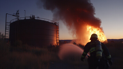 Industrial chemical tank engulfed in flames with thick black smoke, firefighters in protective gear battling the blaze at dusk, highlighting the urgency and danger of the situation.
