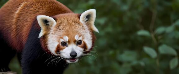 Red Panda Close-Up: An adorable red panda with striking facial markings and fluffy fur stares intently at the camera, set against a backdrop of lush green foliage.  
