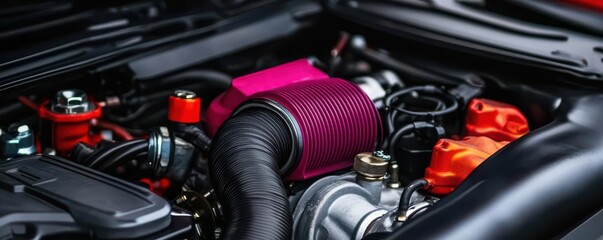 Fototapeta premium mechanics repair concept. A close-up of a mechanic adjusting an engine s air intake system for better airflow, mechanics repair engine adjustment, performance optimization