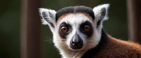 Obraz premium Curious Ring-tailed Lemur: A captivating close-up portrait of a ring-tailed lemur with its iconic black and white striped tail, large, inquisitive eyes, and distinctive black 