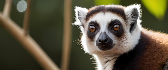 Obraz premium Curious Ring-Tailed Lemur Portrait: A ring-tailed lemur with striking black and white markings gazes directly at the camera with large, expressive eyes.