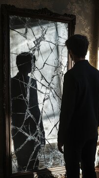  The face of a young man behind the broken mirror
