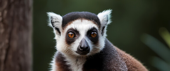 Obraz premium Curious Ring-tailed Lemur: A ring-tailed lemur with striking black and white markings and piercing amber eyes stares directly at the camera, capturing its inquisitive nature and undeniable charm.