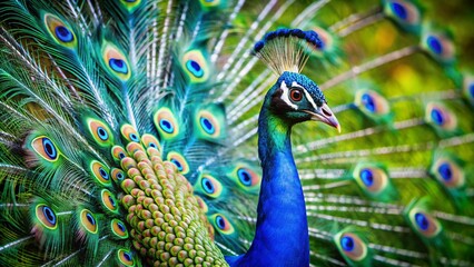 Obraz premium Majestic Peacock Displaying Its Vibrant Loose Tail in Striking Blue and Green Hues Amidst a Dreamy Long Exposure Background