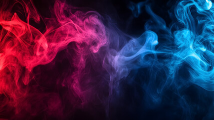 An abstract representation of backlit smoke in red and blue against a black background.