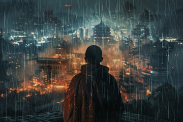 A figure stands in contemplation under a cloak, observing the illuminated city filled with towering buildings and cultural landmarks, as rain falls steadily in the evening.