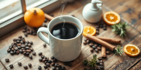 A steaming cup of coffee rests on a wooden surface, surrounded by coffee beans, cinnamon sticks, and slices of orange.