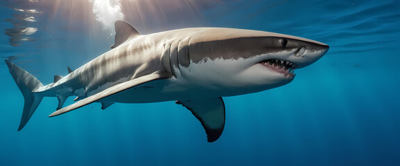 Fototapeta premium Apex Predator: A Great White Shark, the apex predator of the ocean, glides majestically through the clear blue water, its powerful physique and piercing gaze evoking both awe and respect.