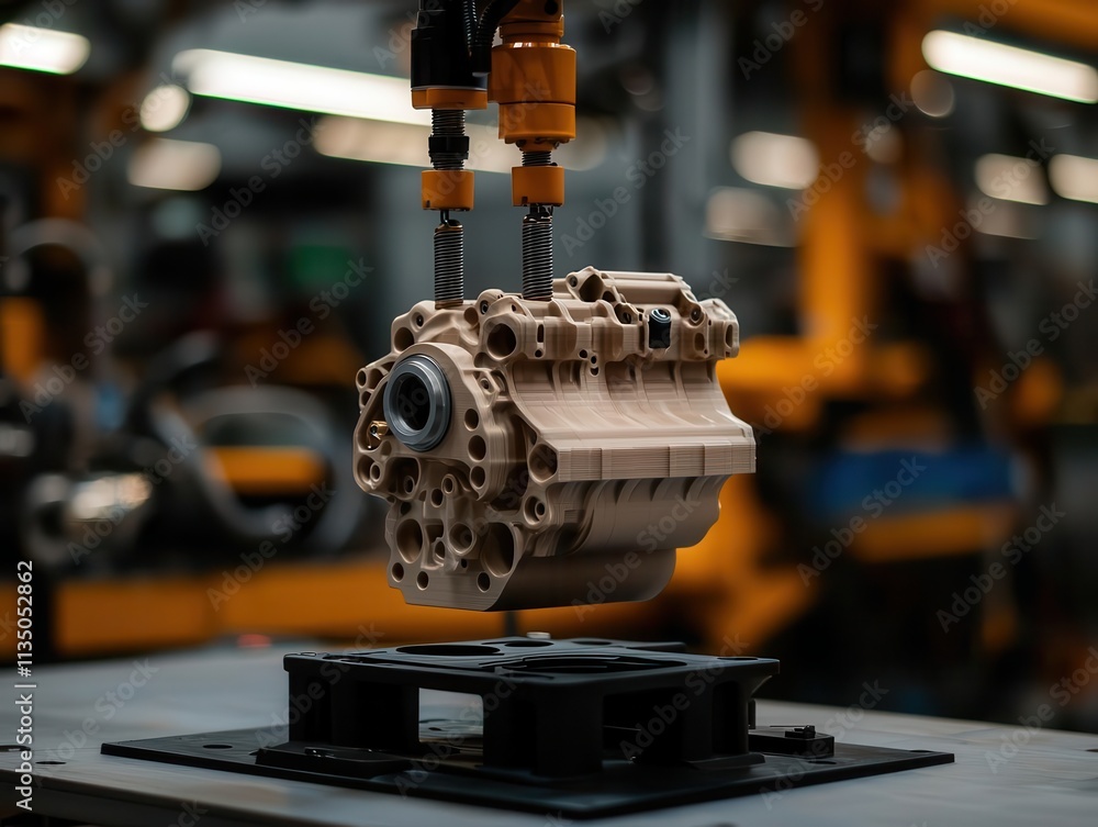 Poster mechanics repair concept. an engine part being 3d-printed for use in a restoration project, mechanic