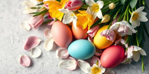 Obraz na płótnie Canvas A vibrant Easter still life with painted eggs nestled among delicate pink and yellow blossoms.