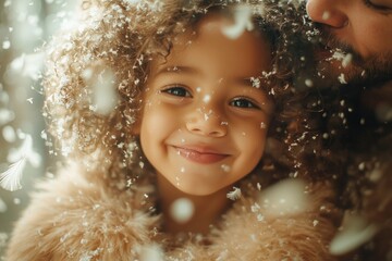 Fototapeta premium A father and daughter having a playful pillow fight in the living room, feathers flying everywhere