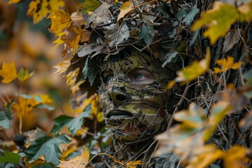 A figure covered in leaves and branches hides in the forest, effectively blending into the autumn landscape during daylight hours.