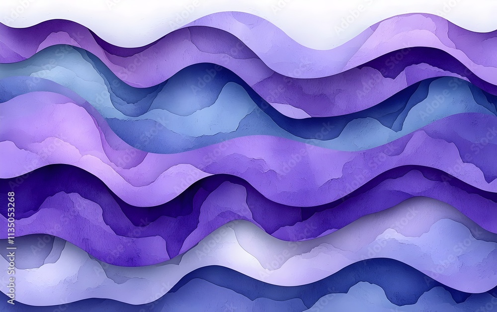 Poster an abstract composition featuring undulating waves in varying shades of purple, creating a soothing 