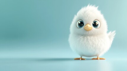 Adorable Fluffy White Chickling On Blue Background