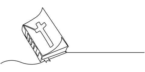 Continuous one line drawing of the Bible. Single line drawing of the holy book. Vector illustration, Continuous one line drawing silhouette of Bible and candle. Bible linear icon. One line drawing.