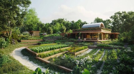Obraz premium Organic farm with raised beds and permaculture techniques